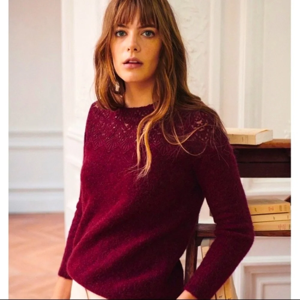 Sezane French burgundy wool sweater with lace neck detail - Picture 2 of 7